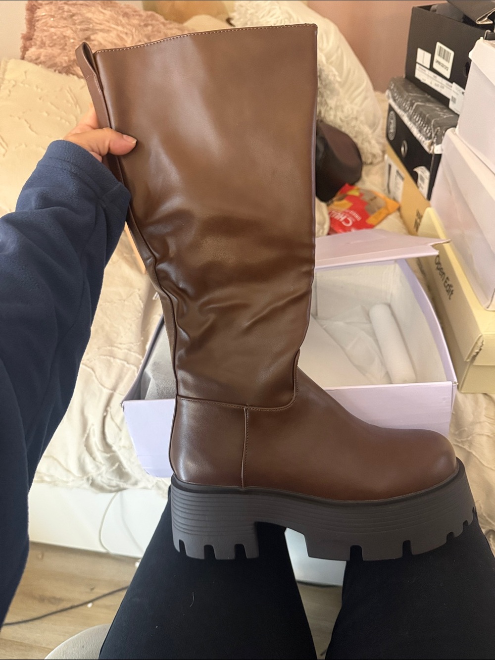 TOP Moda Brown Chunky Lug Mid-Calf Boots